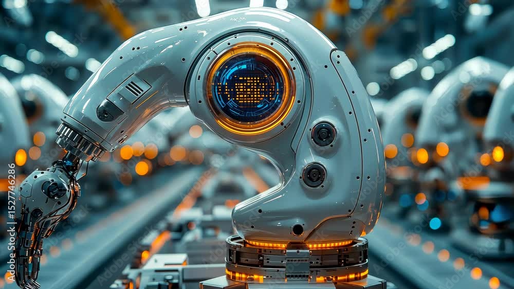 Poster high-tech robotic arms assembling components on a circuit board in a glowing futuristic factory sett