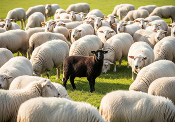 .A striking black sheep stands out in a flock of white sheep on a vibrant green pasture, embodying individuality and uniqueness.