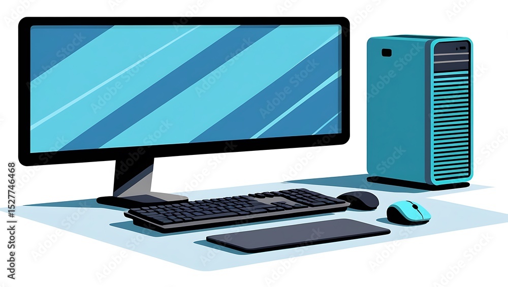 Poster modern teal desktop computer setup with monitor keyboard and mouse