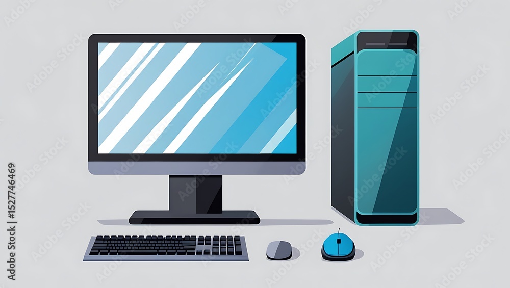 Poster modern desktop computer setup with teal tower and blue screen