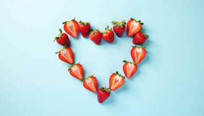 Fresh Strawberries Arranged in Heart Shape on Light Blue Background for Romantic Occasions