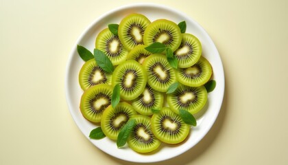 Vibrant Green Kiwi Slices Surrounded by Fresh Leaves on a Simple Background