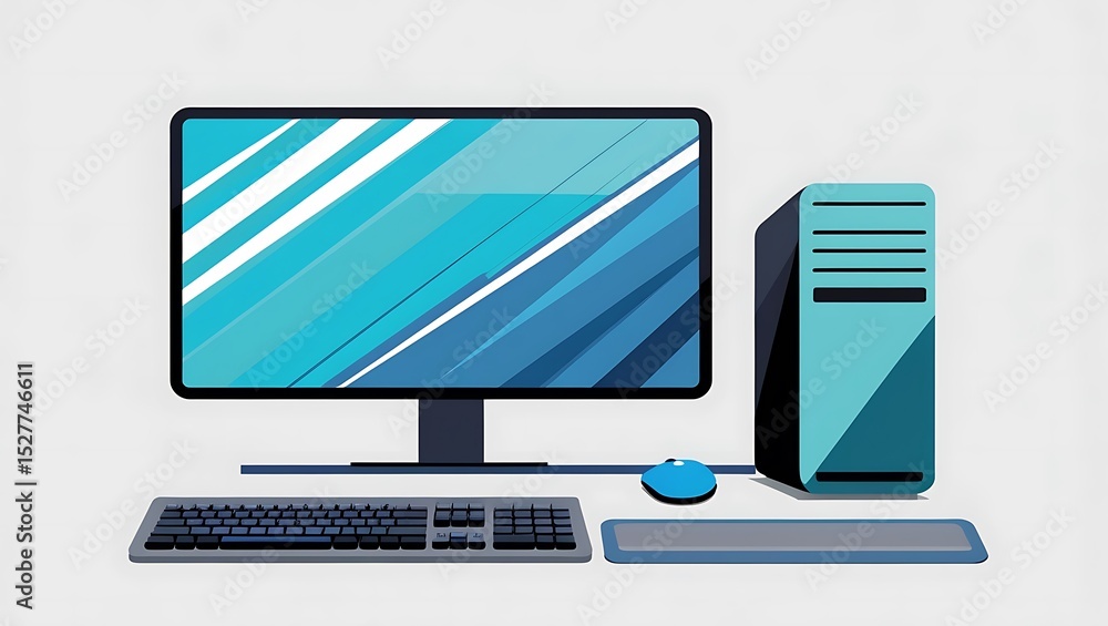 Poster modern desktop computer setup with blue and gray color scheme