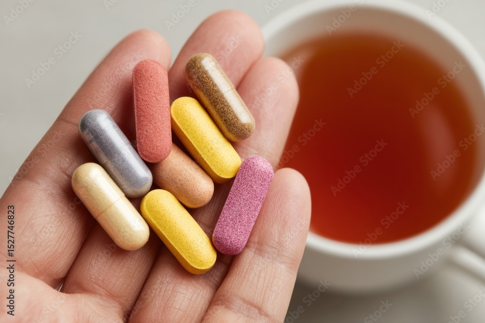 Aufkleber colorful array of supplements held in a hand with a warm cup of tea in the background during a relax