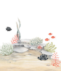 Seabed with coral reef, plants, spong, red corals and small fishes. Watercolor isolated illustration with underwater landscape for your design wallpapers, invitation cards or nature background. 