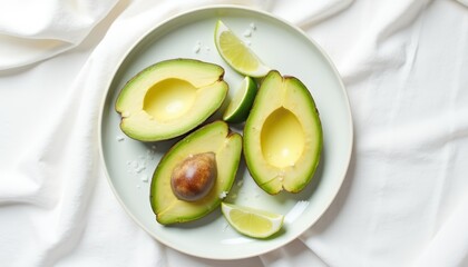 Fresh Avocado Halves with Lime Slices on a Light Cloth Background for Healthy Eating