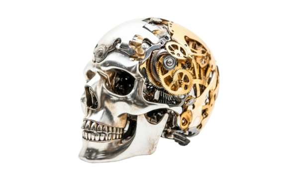 Silver and gold skull with gears on it