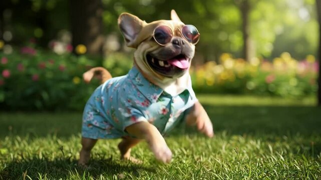 a charming French Bulldog, dressed in a light blue floral shirt and tiny sunglasses, hopping playfully with front paws raised in a sunny park
