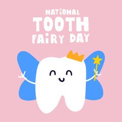 National tooth fairy day. Flat vector design on pink background.