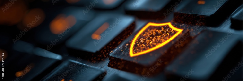 Poster Antivirus Shield Pulsates to Combat Phishing Threats on a Keyboard in a Tech-Focused Environment During Daylight Hours