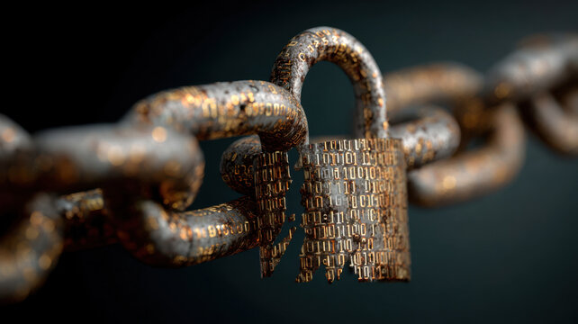 A tangled chain of binary numbers and a broken padlock, metaphor for breached digital trust - Powered by Adobe