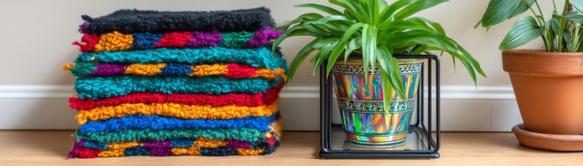 Colorful textile stacks home interior still life cozy environment close-up view vibrant decor