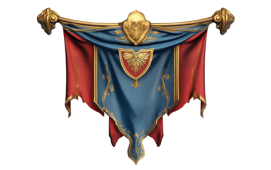 Flag with a gold emblem and red and blue colors