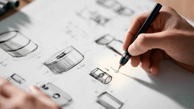Eco-design sketches for low-impact product manufacturing, creative process visual