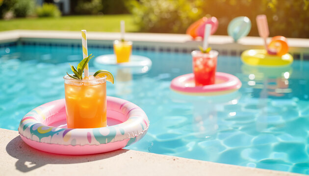 Refreshing cocktails in colorful floaties by sunny swimming pool  