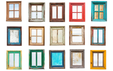 Collection of old wooden windows with different colors and designs