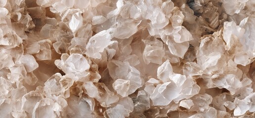 A close-up of delicate, translucent mineral crystals, showcasing intricate textures and a soft, earthy color palette.
