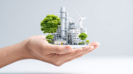 Human hand holding miniature eco-factory, responsibility and sustainability theme