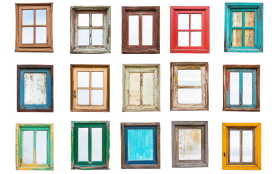 Collection of old wooden windows with different colors and designs