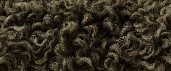 A close-up view of textured, curly material in earthy tones, resembling natural fibers or yarn, creating an intricate and warm appearance.