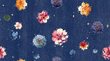 A colorful floral pattern on a denim-like background, blending nature with a classic fabric for a unique visual effect.