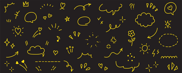 Line hand drawn brush marker underline, highlight, star element chalkboard set.
