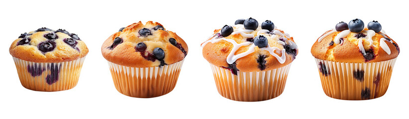 Collection of delicious blueberry muffins, isolated on a transparent background