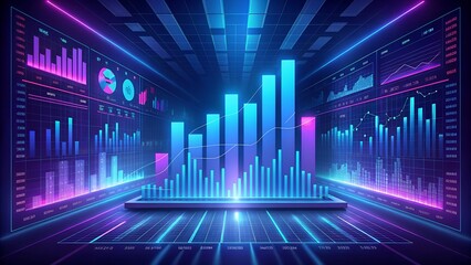 Futuristic Business Scene Holographic Charts, Neon Blue & Purple Data Streams for Financial Marketing