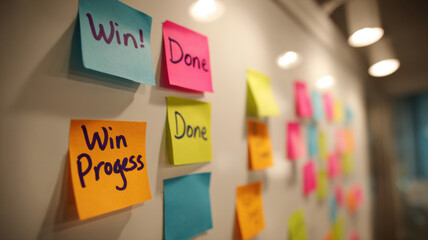 Whiteboard with colorful sticky notes labeled "Win!", "Done!"