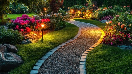 Night garden path lined with flowers and lights