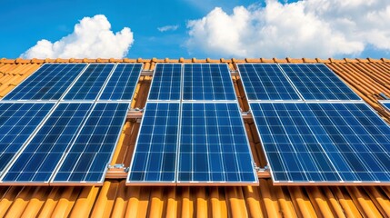 Blue solar panels installed on orange tile rooftop under bright blue sky with white clouds providing clean renewable energy