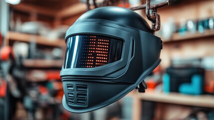 Black safety welding helmet hanging in workshop with blurred background showing industrial tools and equipment