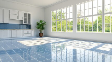 Bright modern kitchen interior with large and glossy blue porcelain tile flooring reflecting natural light in spacious room
