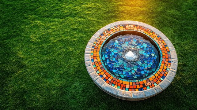 Circular outdoor water feature with colorful mosaic tiles and bubbling fountain surrounded by green grass lawn during sunset