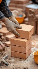 Close-up of hands wearing gloves stacking clean brown bricks on a dusty construction site with tools and buckets in the background