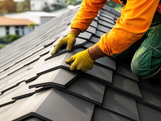Close-up of roofer installing dark gray asphalt shingles on roof under natural daylight with protective gloves and workwear
