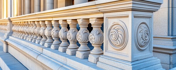 Close-up of intricately carved stone masonry decorative patterns on balustrade railing with soft natural light highlighting texture and details