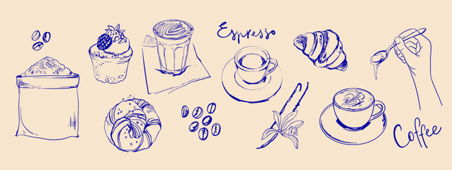 Hand drawn line food illustration vector. Coffee, breakfast, buns.	
