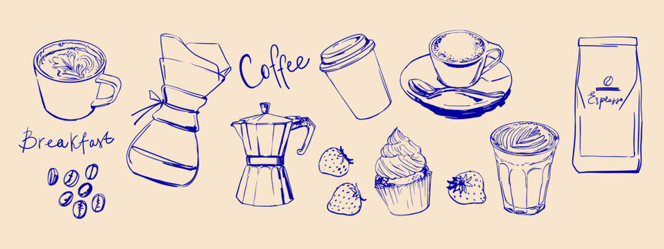 Hand drawn line food illustration vector. Coffee, breakfast, buns.	
