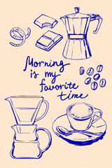 Poster Hand drawn line food illustration vector. Coffee, breakfast, buns.	
