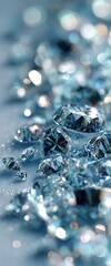 A close-up view of sparkling diamonds scattered on a shimmering surface, reflecting light and showcasing their brilliant facets.