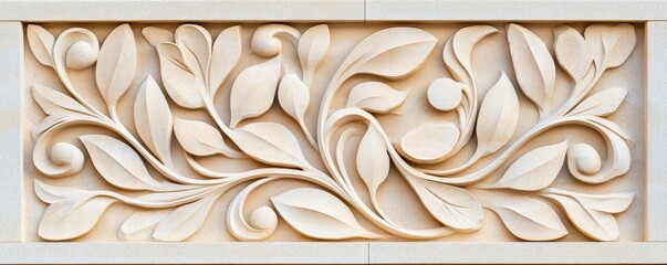 Intricate stone masonry decorative patterns featuring carved leaves and swirling floral motifs in beige sandstone relief artwork