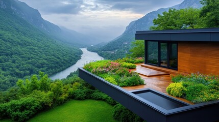 Modern house with wooden exterior and green rooftop garden overlooking lush valley landscape with river and mountains under cloudy sky