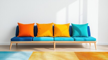 Modern minimalist blue sofa with bright orange and turquoise cushions set against a white wall in a well-lit interior space