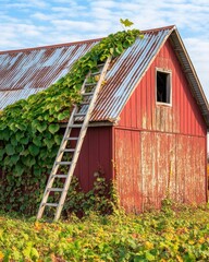 Rustic red wooden barn with weathered corrugated metal roof and lush green vines climbing over the ladder and side walls under a blue sky