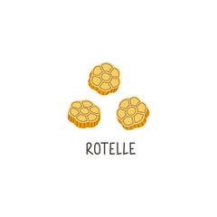 Italian pasta. Rotelle hand drawn lettering. Food flat illustration. Isolated icon. Vector elements for logo, menu or packaging design.