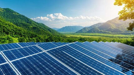 Solar panels installed on rooftop surrounded by green mountains under clear blue sky with sunlight and scattered clouds