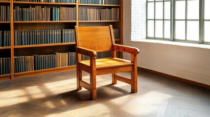 Solid wooden armchair with custom wood carving details placed in a bright room with a large window and bookshelf filled with books