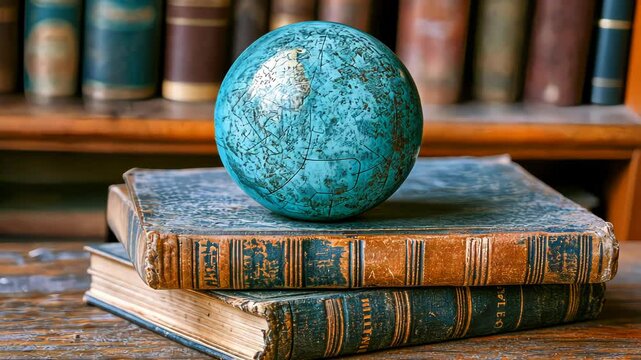Old blue globe resting on antique books in a library setting, symbolizing knowledge, exploration, and education