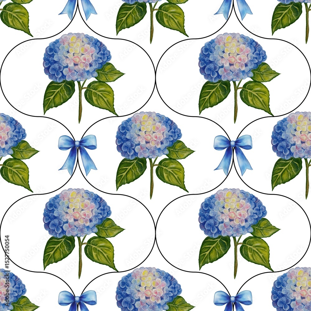 Poster seamless watercolor pattern of delicate blue hydrangeas with blue bows, arranged in a unique curved 